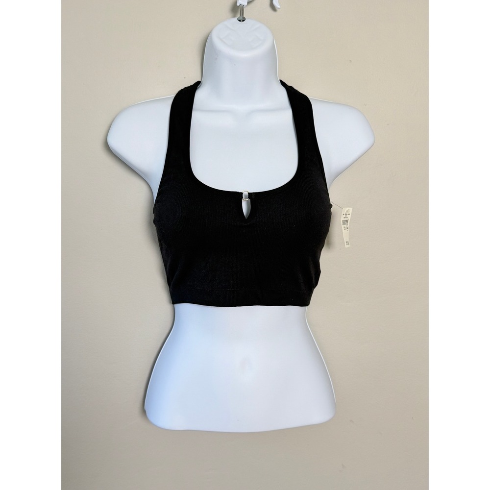 Aerie Superchill Seamless Ring Bra Top S‎ Black Ribbed Keyhole Racerback Crop
